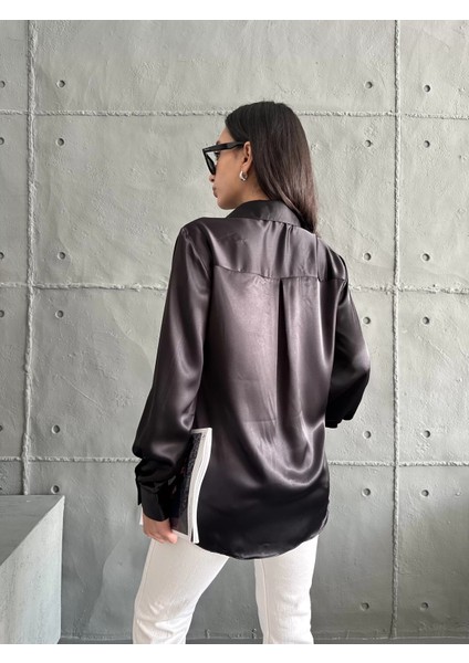 Siyah Saten Oversize Gömlek modelleri