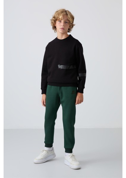 Çam Yeşil Pamuklu Kalın İçi Tüylü Standart Fit Nakışlı Erkek Çocuk Eşofman Alt - 11224