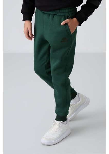 Çam Yeşil Pamuklu Kalın İçi Tüylü Standart Fit Nakışlı Erkek Çocuk Eşofman Alt - 11224