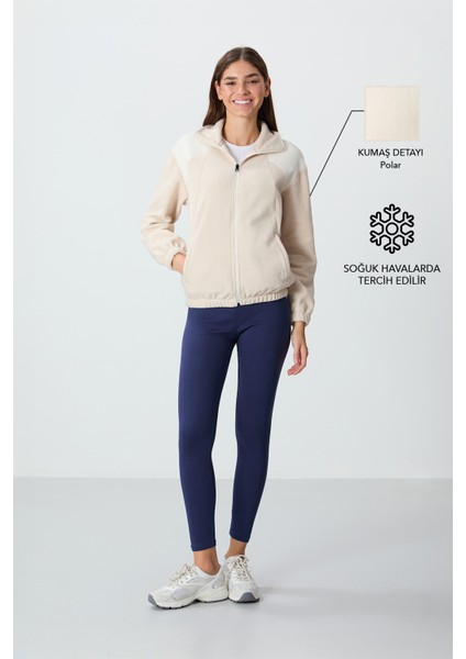 Bej Kalın Yumuşak Dokulu Dik Yaka Oversize Nakışlı Polar Kadın Sweatshirt - 97293