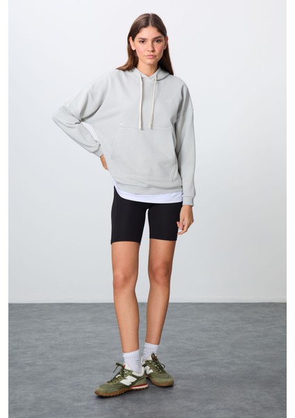Taş Kompakt Pamuklu Kalın Pürüzsüz Dokulu Kapüşonlu Oversize Fit Kadın Sweatshirt - 97291