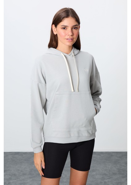 Taş Kompakt Pamuklu Kalın Pürüzsüz Dokulu Kapüşonlu Oversize Fit Kadın Sweatshirt - 97291