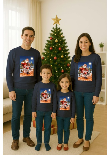 Unisex Happy New Year Yılbaşı Baskılı Yetişkin ve Çocuk Sweatshirt 3 Iplik Şardonlu Kumaş