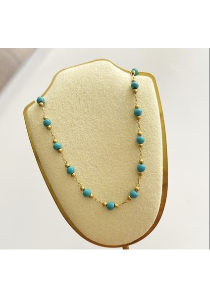 Gold Turkuaz Renk Boncuk Kolye
