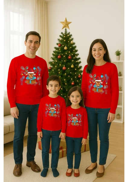 Unisex Happy New Year Yılbaşı Baskılı Yetişkin ve Çocuk Sweatshirt 3 Iplik Şardonlu Kumaş