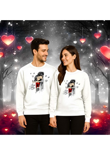 Unisex Sevgililer Günü Baskılı Yetişkin Swaetshirt 3 Iplik Şardonlu