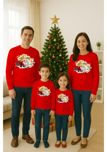 Unisex Happy New Year Yılbaşı Baskılı Yetişkin ve Çocuk Sweatshirt 3 Iplik Şardonlu Kumaş