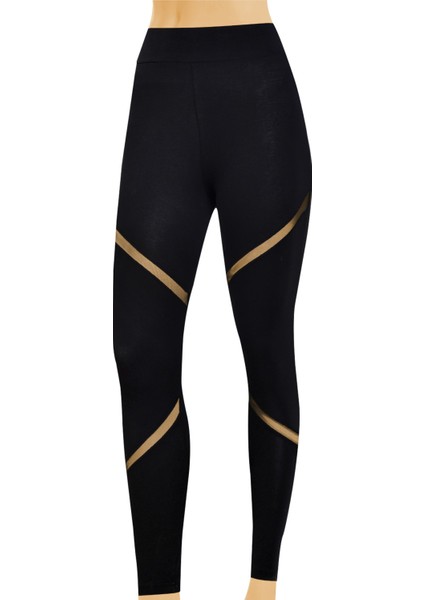 Kadın Yüksek Bel Likralı Transparan Tül Detaylı Tayt (%96 Pamuk - %4 Elastan)