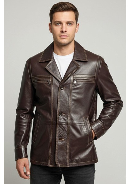 Kahverengi Wiliam Düğme Kapamalı Göğüste Fermuarlı Cep Detaylı Astarlı Erkek Hakiki Deri Ceket