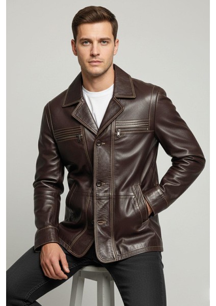 Kahverengi Wiliam Düğme Kapamalı Göğüste Fermuarlı Cep Detaylı Astarlı Erkek Hakiki Deri Ceket fiyatları
