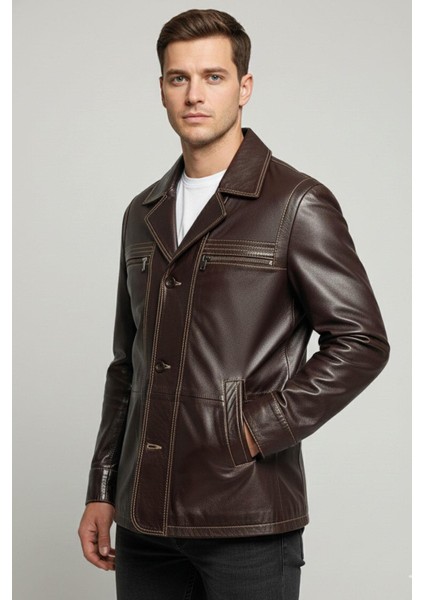 Kahverengi Wiliam Düğme Kapamalı Göğüste Fermuarlı Cep Detaylı Astarlı Erkek Hakiki Deri Ceket modelleri