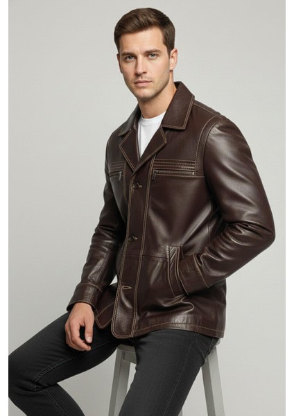 Kahverengi Wiliam Düğme Kapamalı Göğüste Fermuarlı Cep Detaylı Astarlı Erkek Hakiki Deri Ceket fırsatları