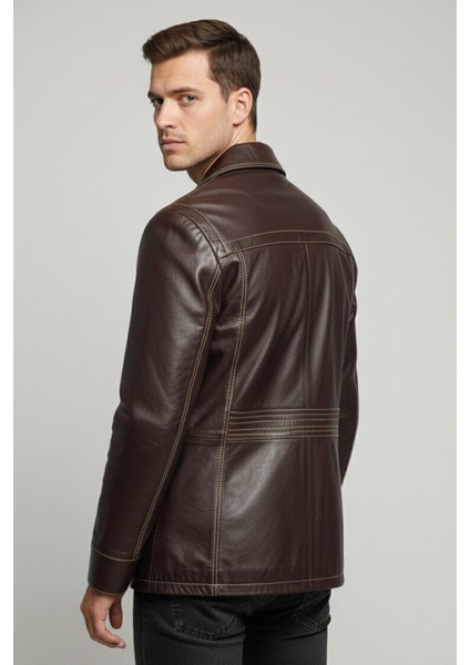 Kahverengi Wiliam Düğme Kapamalı Göğüste Fermuarlı Cep Detaylı Astarlı Erkek Hakiki Deri Ceket indirimleri