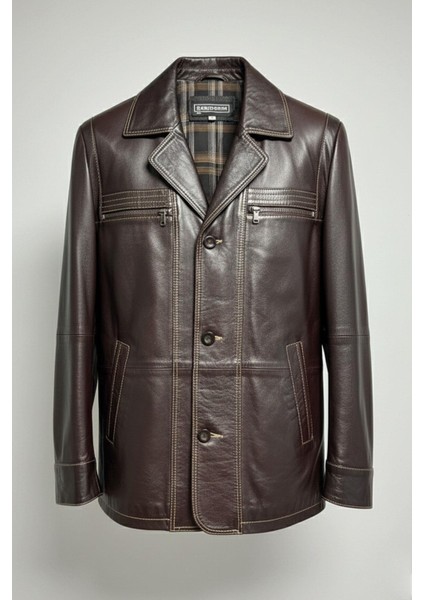 Kahverengi Wiliam Düğme Kapamalı Göğüste Fermuarlı Cep Detaylı Astarlı Erkek Hakiki Deri Ceket