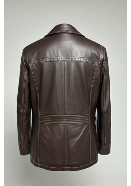 Kahverengi Wiliam Düğme Kapamalı Göğüste Fermuarlı Cep Detaylı Astarlı Erkek Hakiki Deri Ceket