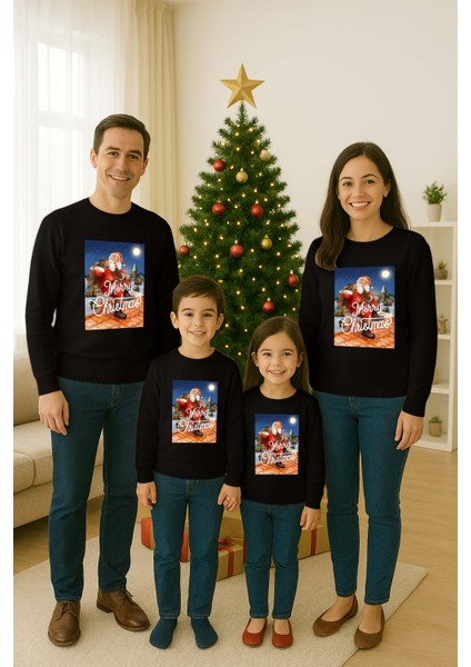 Unisex Happy New Year Yılbaşı Baskılı Yetişkin ve Çocuk Sweatshirt 3 Iplik Şardonlu Kumaş