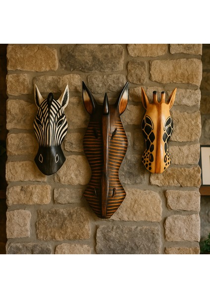 Üçlü Mask Seti Zebra Zürafa Ahşap Duvar Objesi Maske