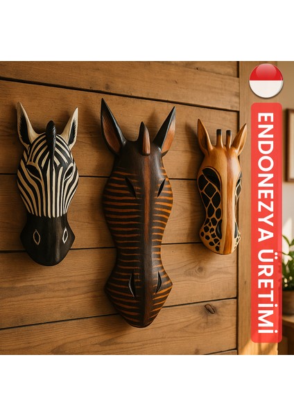 Üçlü Mask Seti Zebra Zürafa Ahşap Duvar Objesi Maske modelleri