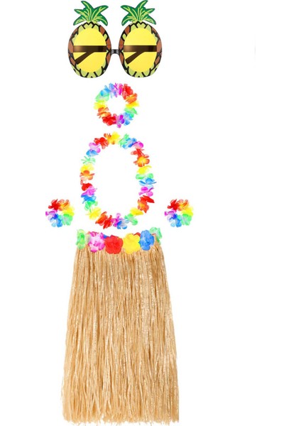 Ananas Gözlük Çiçekli Aksesuar, 60 cm Etek Parti Kostüm Seti Hawaii