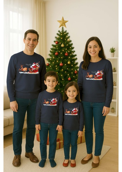 Unisex Happy New Year Yılbaşı Baskılı Yetişkin ve Çocuk Sweatshirt 3 Iplik Şardonlu Kumaş