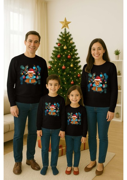 Unisex Happy New Year Yılbaşı Baskılı Yetişkin ve Çocuk Sweatshirt 3 Iplik Şardonlu Kumaş