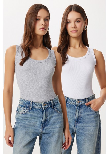 2'li Fitilli Kalın Askılı Örme Atlet LHJ0002 Gri Melanj Beyaz