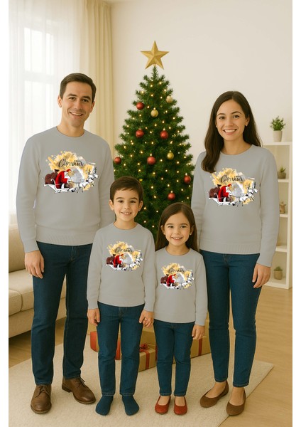 Unisex Happy New Year Yılbaşı Baskılı Yetişkin ve Çocuk Sweatshirt 3 Iplik Şardonlu Kumaş