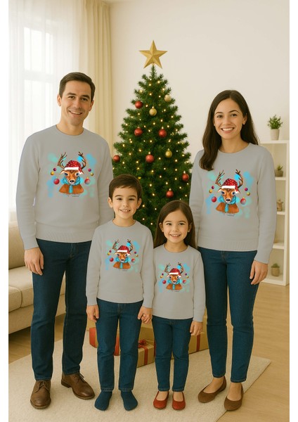 Unisex Happy New Year Yılbaşı Baskılı Yetişkin ve Çocuk Sweatshirt 3 Iplik Şardonlu Kumaş