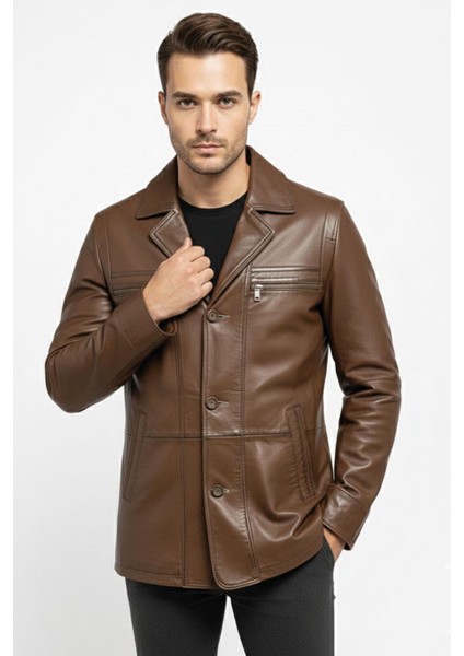 Konyak Wiliam Düğme Kapamalı Göğüste Fermuarlı Cep Detaylı Astarlı Erkek Hakiki Deri Ceket fiyatları