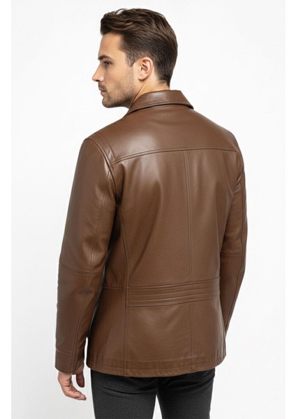 Konyak Wiliam Düğme Kapamalı Göğüste Fermuarlı Cep Detaylı Astarlı Erkek Hakiki Deri Ceket modelleri