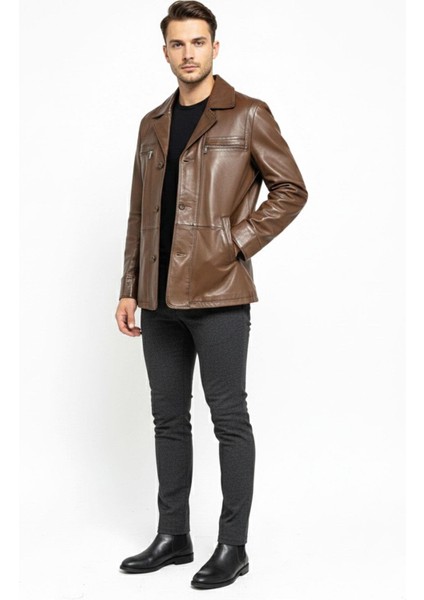 Konyak Wiliam Düğme Kapamalı Göğüste Fermuarlı Cep Detaylı Astarlı Erkek Hakiki Deri Ceket fırsatları