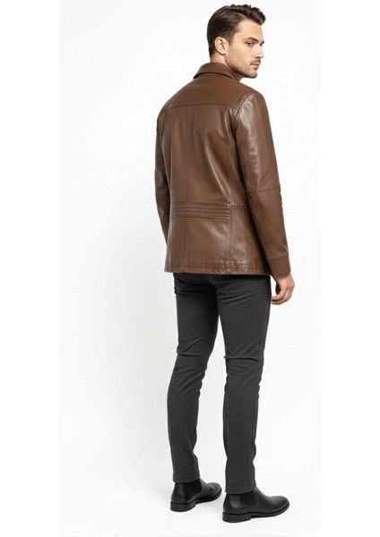 Konyak Wiliam Düğme Kapamalı Göğüste Fermuarlı Cep Detaylı Astarlı Erkek Hakiki Deri Ceket indirimleri