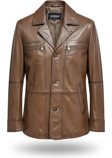 Konyak Wiliam Düğme Kapamalı Göğüste Fermuarlı Cep Detaylı Astarlı Erkek Hakiki Deri Ceket