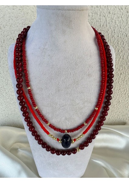 Üçlü Lacivert Büyük Taş Detaylı Boncuk Kolye fiyatları