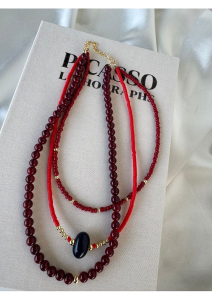 Üçlü Lacivert Büyük Taş Detaylı Boncuk Kolye modelleri