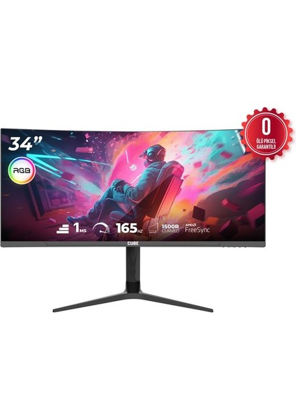 34 Cube PA-34V165C Va 1ms 165HZ HDMI Dp Type-C USB 2k Wqhd 3440X1440 Freesync Curved Yukseklık Ayarı Vesa Rgb Sıyah Gamı