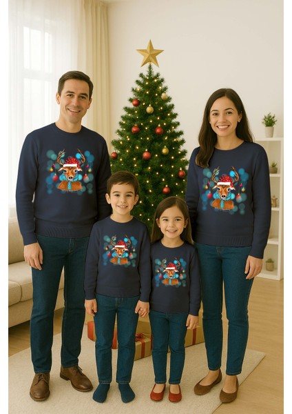 Unisex Happy New Year Yılbaşı Baskılı Yetişkin ve Çocuk Sweatshirt 3 Iplik Şardonlu Kumaş