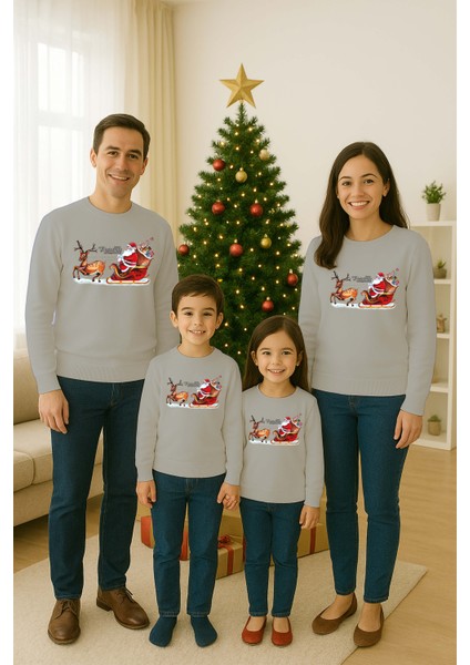 Unisex Happy New Year Yılbaşı Baskılı Yetişkin ve Çocuk Sweatshirt 3 Iplik Şardonlu Kumaş