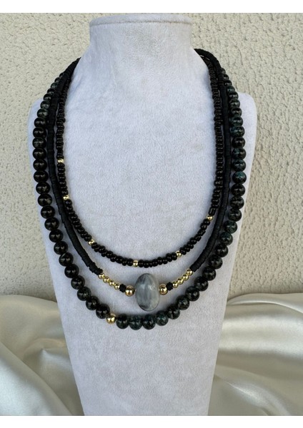 Üçlü Lacivert Büyük Taş Detaylı Boncuk Kolye fiyatları