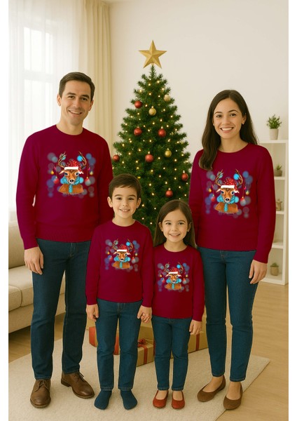 Unisex Happy New Year Yılbaşı Baskılı Yetişkin ve Çocuk Sweatshirt 3 Iplik Şardonlu Kumaş