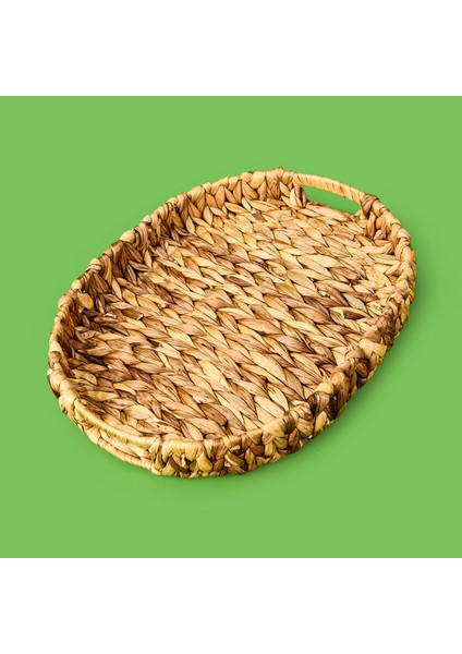 Orta Boy Örgü Oval Tepsi Sepet - Kahverengi - 38X29X5 cm
