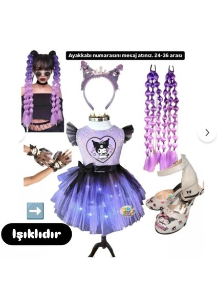 Işıklı Kuromii Kostüm Elbise Kuromii Saç Kuromi Tül Eldiven Kuromi Taç Kuromi Topuklu Ayakkbı Seti