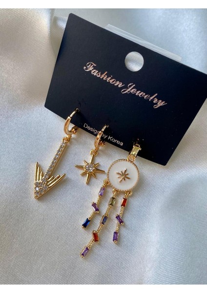 3’lü Sedef Taşlı Gümüş Çelik Küpe