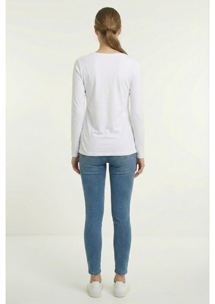 Kadın Bisiklet Yaka Uzun Kollu Regular Fit Basic Tişört Beyaz fırsatları