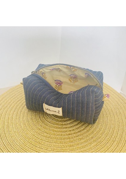 Lacivert kot kapitoneli ve astarlı şık makyaj çantası fiyatları