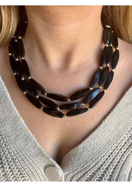 Tasarım 3lü Siyah Boncuk Kolye