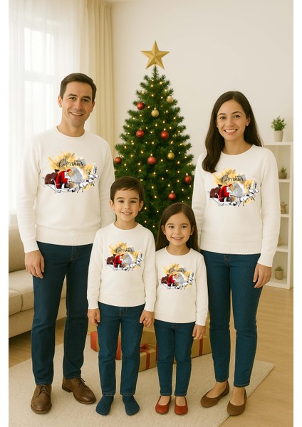 Unisex Happy New Year Yılbaşı Baskılı Yetişkin ve Çocuk Sweatshirt 3 Iplik Şardonlu Kumaş