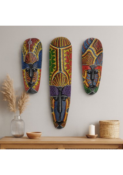 Üçlü Mask Seti Aborjin Ahşap Duvar Objesi Maske Yüz Surat