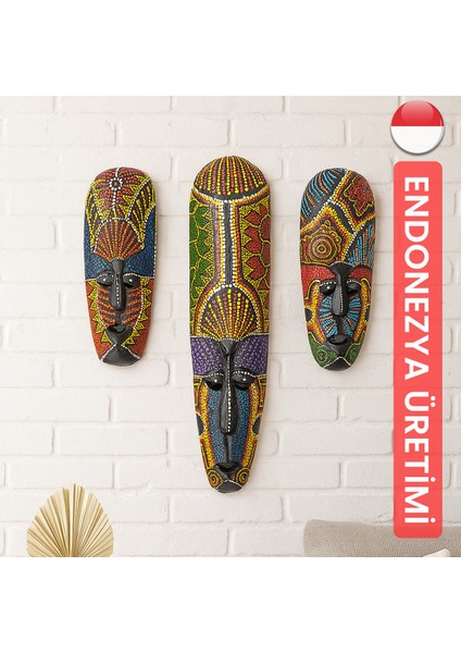 Üçlü Mask Seti Aborjin Ahşap Duvar Objesi Maske Yüz Surat modelleri