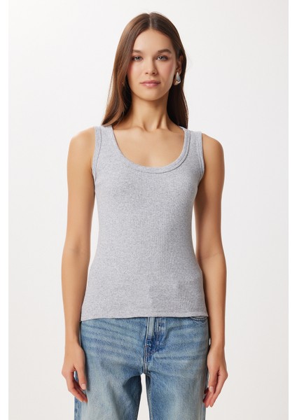 2'li Fitilli Kalın Askılı Örme Atlet LHJ0002 Gri Melanj Beyaz modelleri